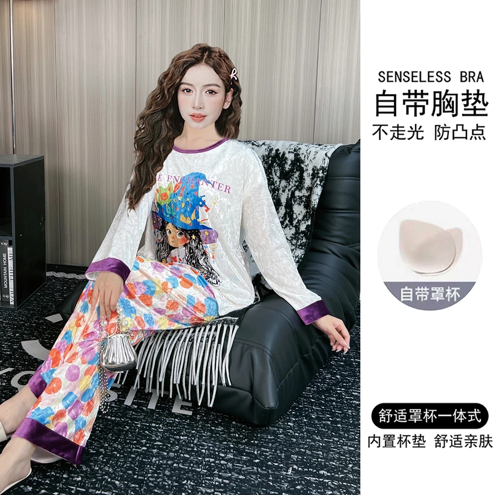 带胸垫2025年新款金丝绒睡衣女春秋季长袖可爱卡通秋冬家居服套装