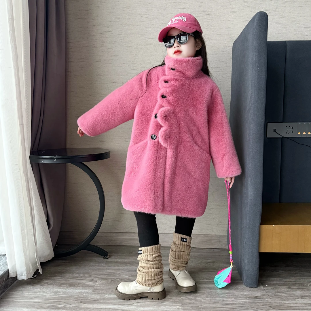女童冬季韩版加厚时尚中长款毛毛大衣中大童保暖洋气外套潮