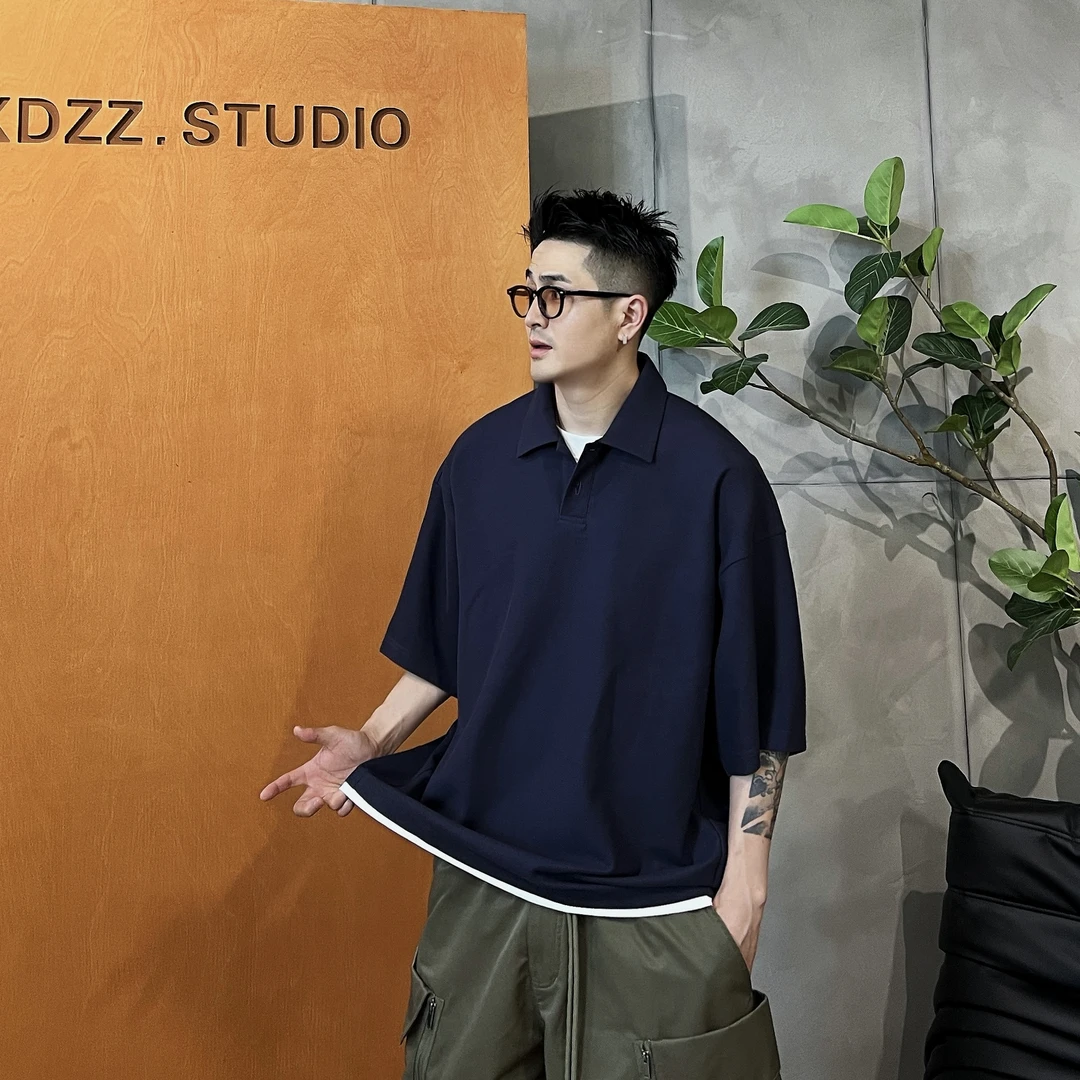 XDZZ二狗25ss简约百搭POLO领宽松假两件蝙蝠袖250g纯棉T恤Y8102