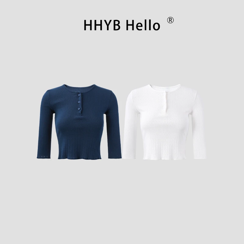 HHYB Hello玫瑰小标设计七分袖镂空小上衣2025提花纽扣T恤250625