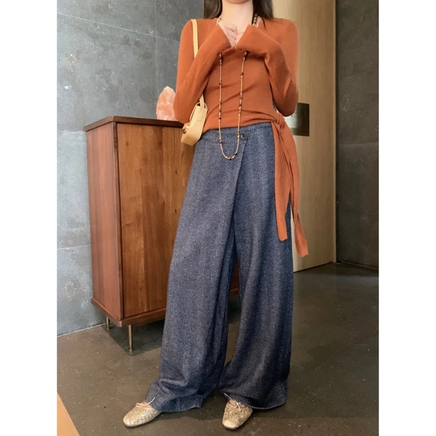 186-NO退NO换【调性美学】品质人文毛呢垂感斜襟高腰显高显瘦休闲裤