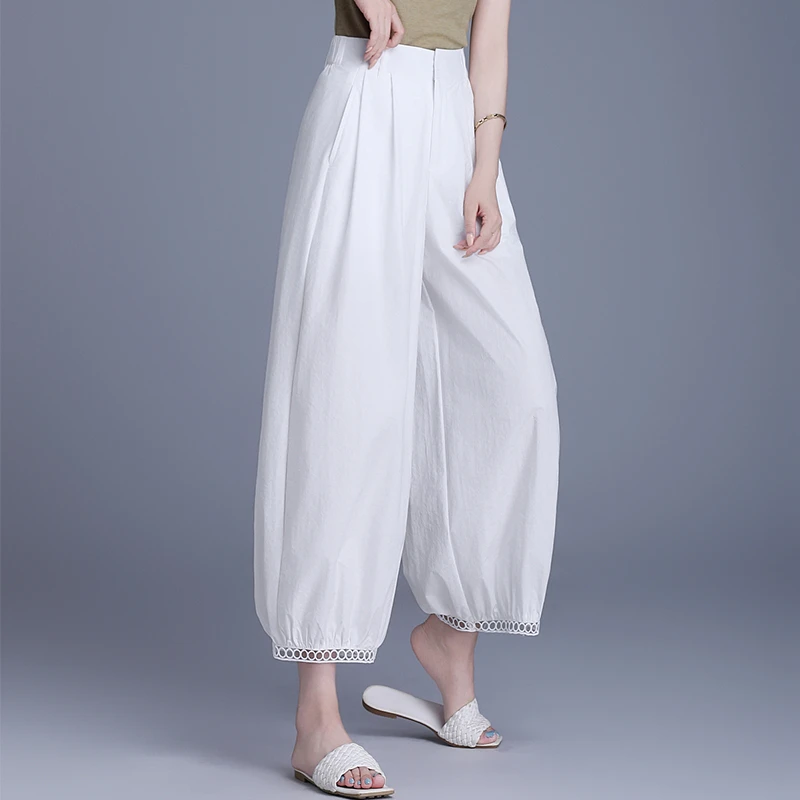 2025新款夏季薄款八分裤女裤子宽松灯龙裤蕾丝花边高腰九分休闲裤