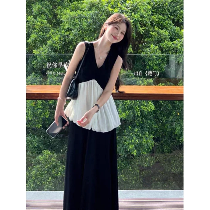 法式设计感V领无袖背心上衣女2025夏季气质显瘦半身长裙两件套装