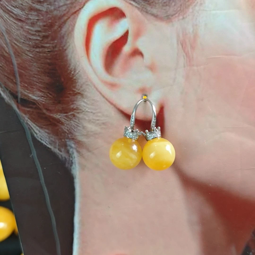 蜜蜡银S925镀金镶嵌耳饰