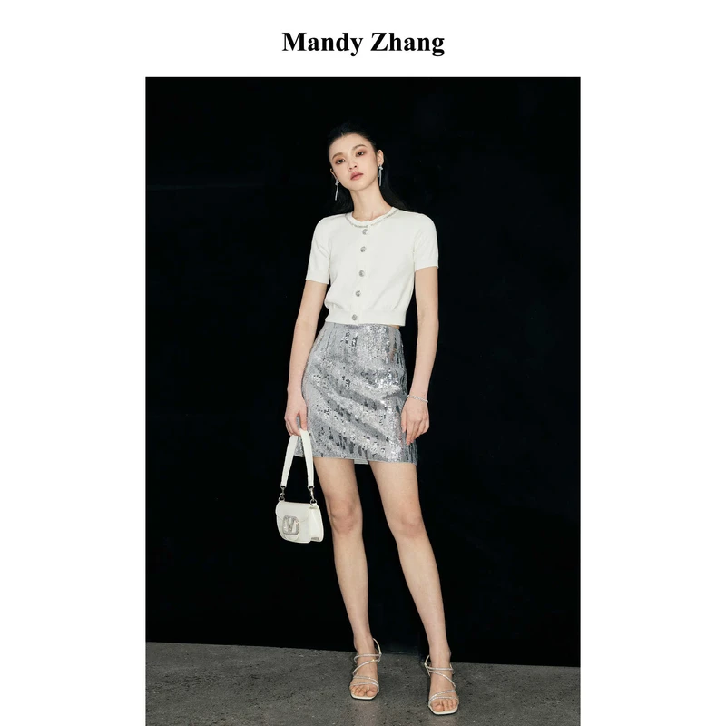 【Mandyzhang】重工璀璨钻领白色毛针织开衫女秋季高级感短袖上衣