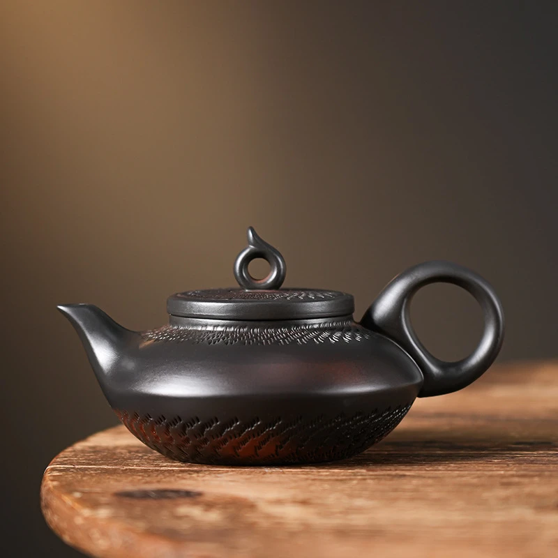 云南紫陶泡茶壶复古手工跳刀纹汉瓦壶大容量茶壶高档家用功夫茶具