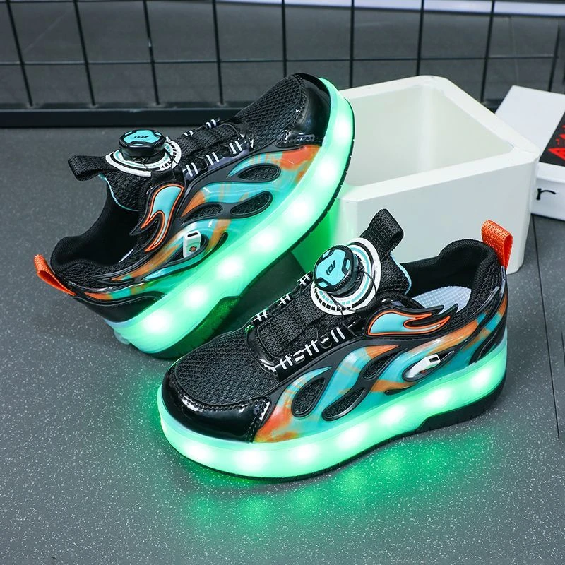 春秋新款暴走鞋男女童透气皮面轮滑鞋可收缩防滑