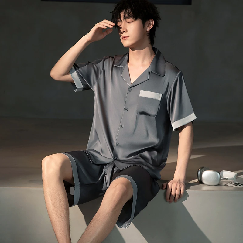 睡衣男夏季冰丝睡衣短袖短裤薄款男士男生夏天纯色家居服大码套装