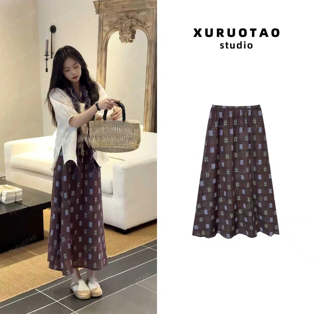 XURUOTAO 【小格调】100棉格纹设计感高腰显瘦紫色半身裙 T5354