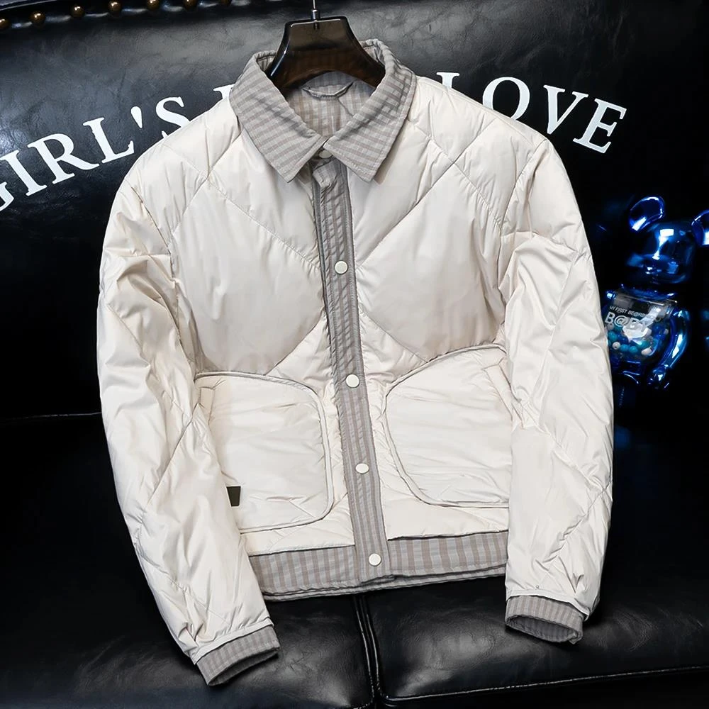 欧货冬季韩版百搭时尚翻领简约款潮流保暖外套男士修身羽绒服帅气