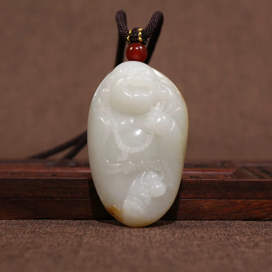 天然新疆和田白玉红沁皮籽料弥勒佛公吊坠笑佛挂件女款玉坠加大款