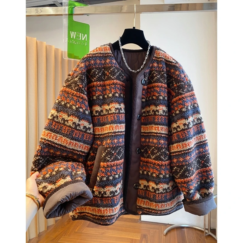 高级感复古费尔岛羊毛夹棉外套女冬季2025新款宽松加厚摇粒绒棉服