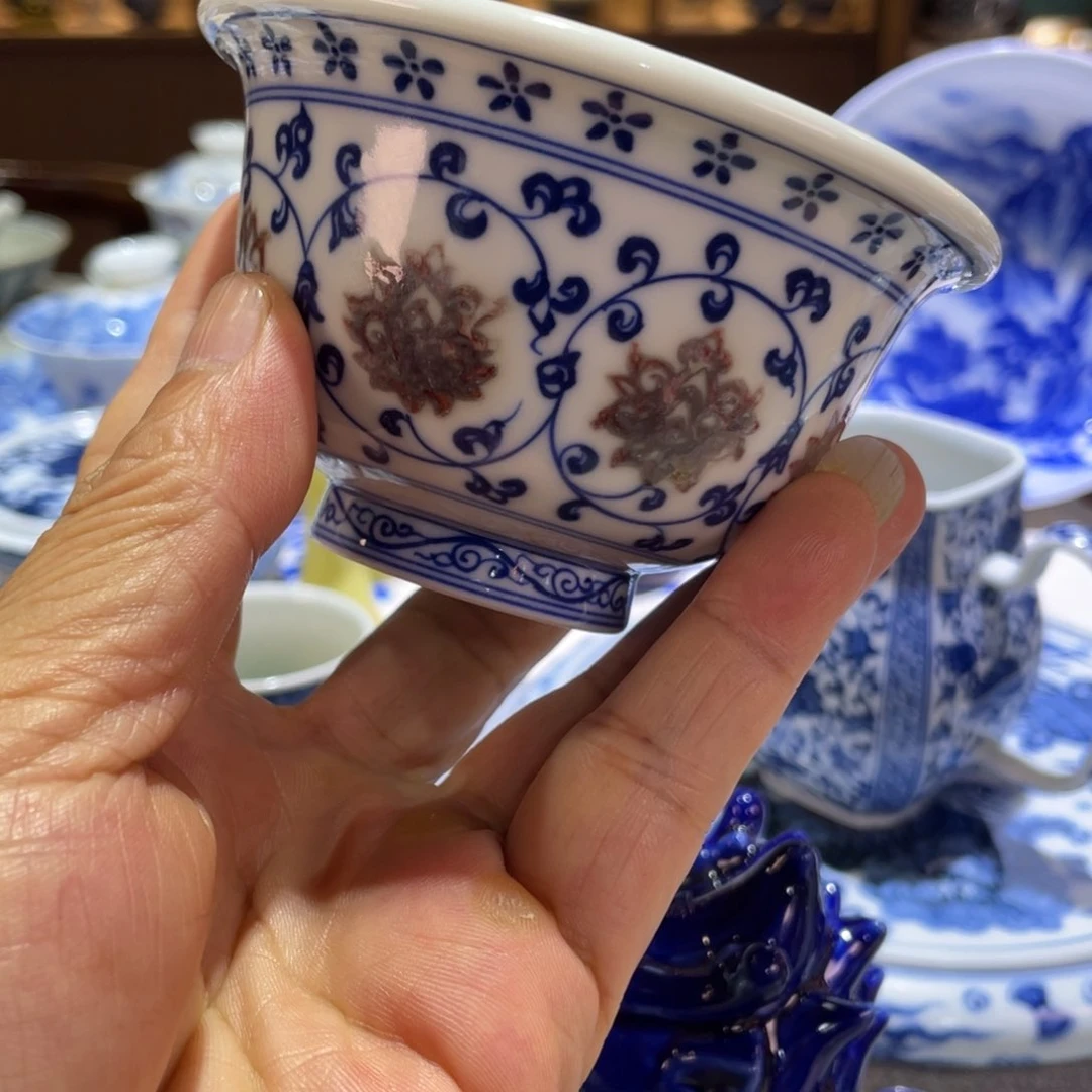 朝***舞杯柴窑青花釉里红压手杯