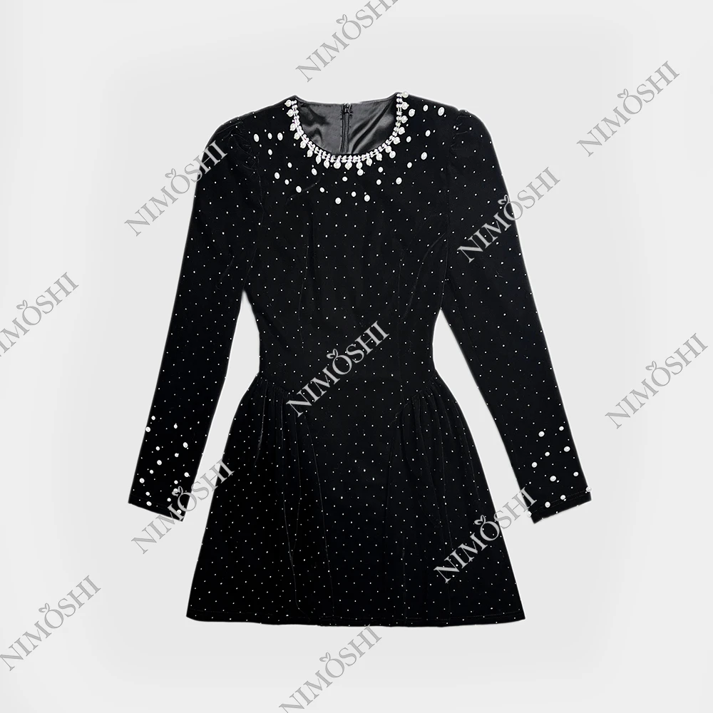 NIMSHI【莎莎】新款时尚轻奢圆领镶钻气质显瘦款连衣裙女Q1014