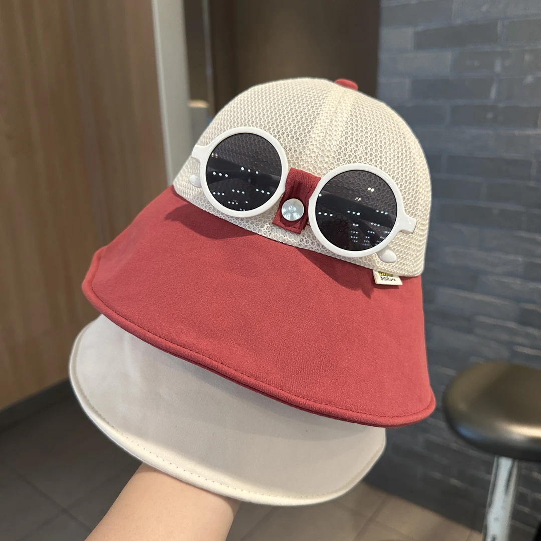 儿童韩系墨镜一体渔夫帽宝宝夏季透气网眼太阳帽男女童大帽檐盆帽