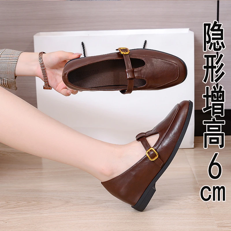 2025春季新款百搭搭扣一字带单鞋平底舒适乐福鞋时尚真皮软底女鞋