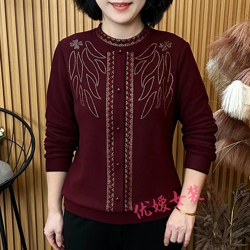 中老年女装秋季圆领烫钻双面绒保暖显瘦百搭洋气妈妈装长袖上衣