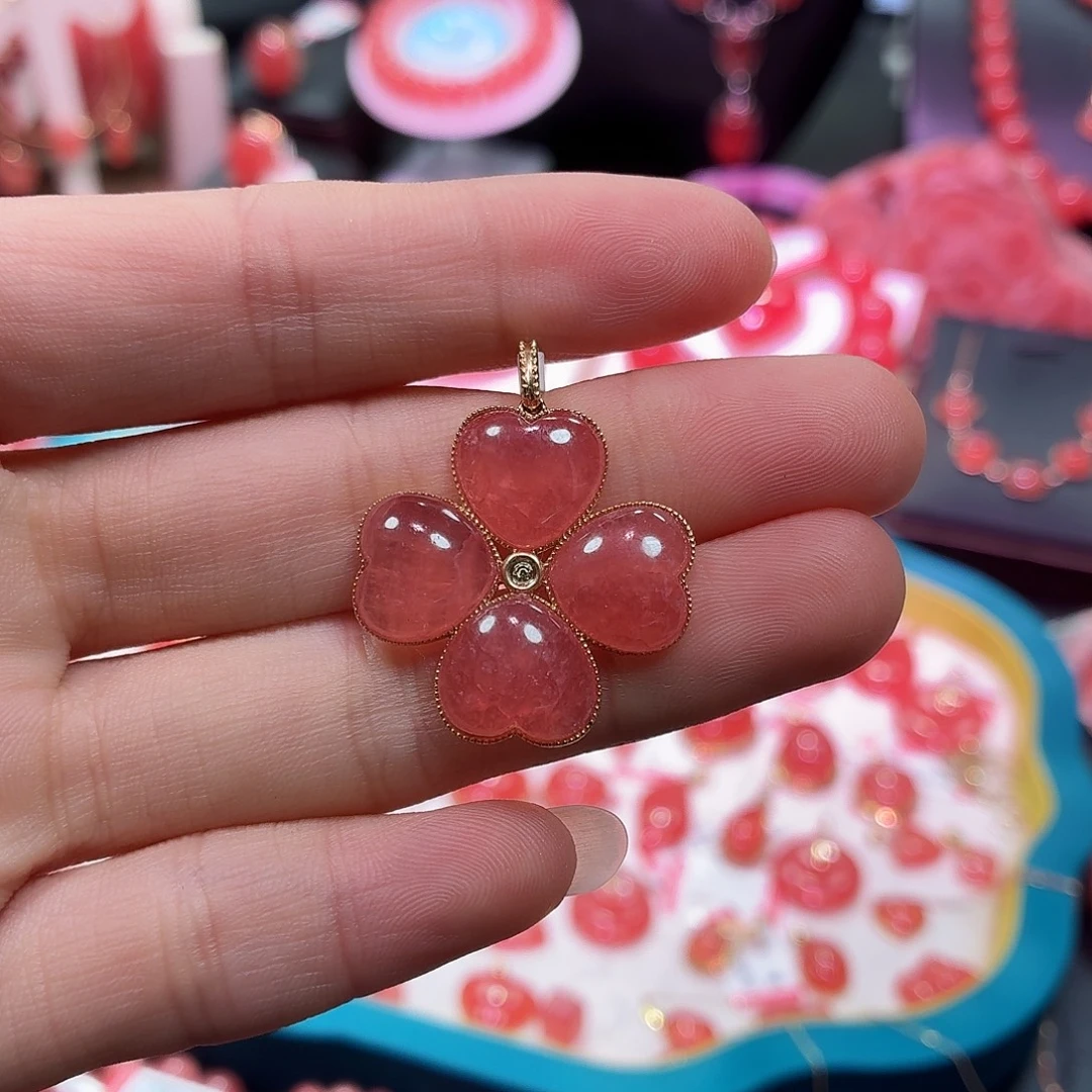 菱锰矿（红纹石）18K金镶嵌颈饰