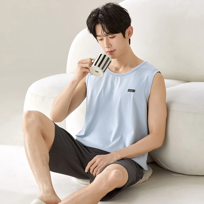 男士睡衣夏季情侣冰丝莫代尔背心大码凉感新款青年学生家居服套装