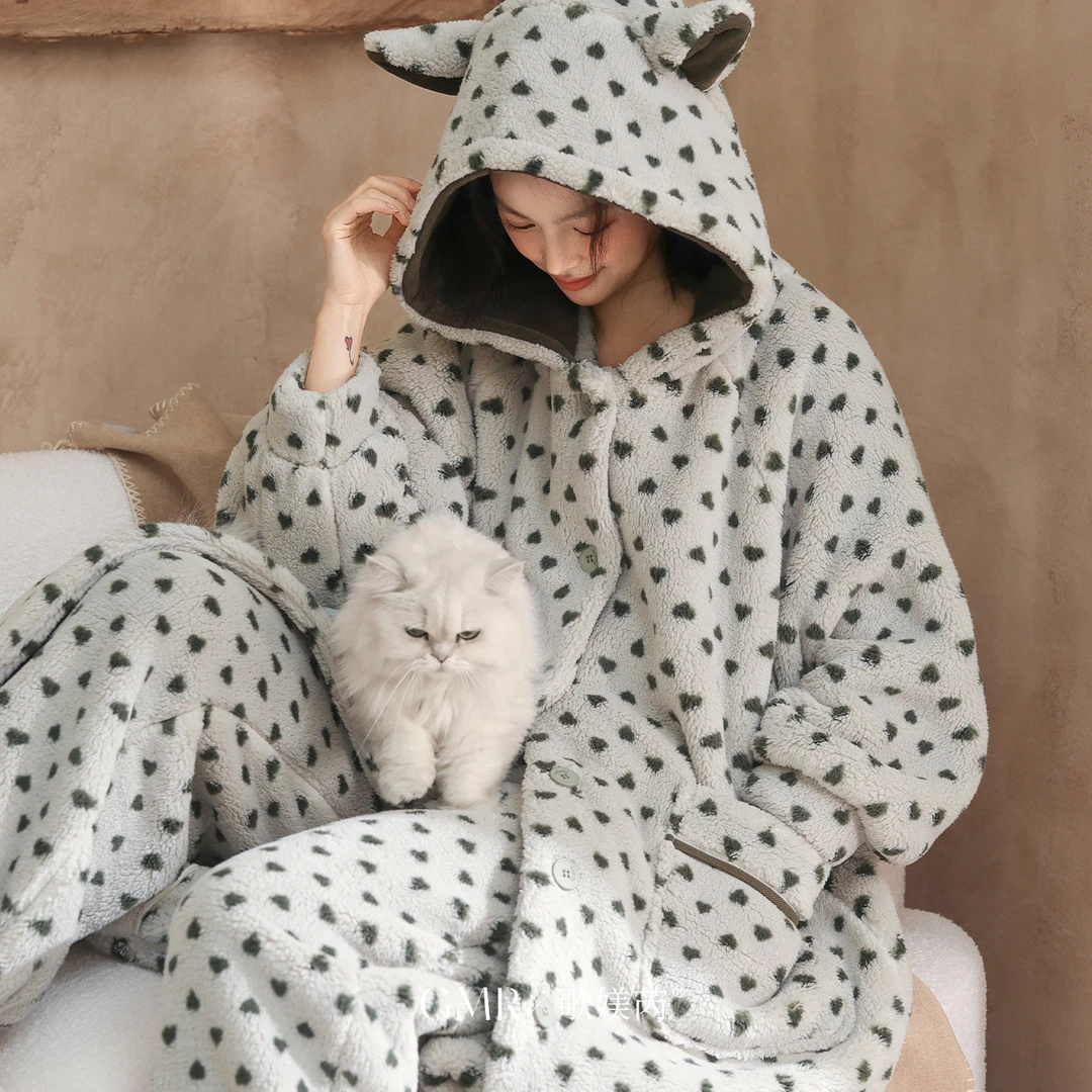 冬季珊瑚绒睡衣女加厚长裙长裤两件套可外穿家居服秋冬保暖法兰绒