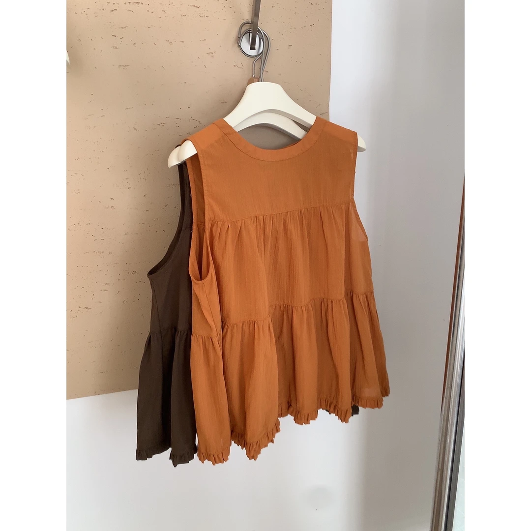 JOJO 夏季新款纯亚麻抽褶无袖背心女夏季宽松蛋糕式拼接娃娃上衣