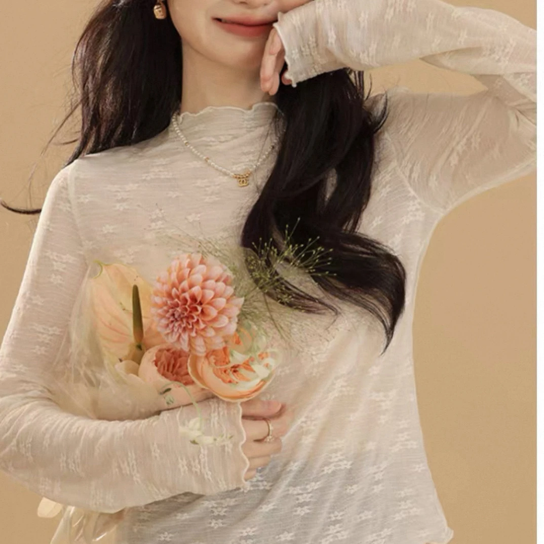 时尚洋气白色网纱长袖半高领蕾丝打底衫女薄款内搭小衫