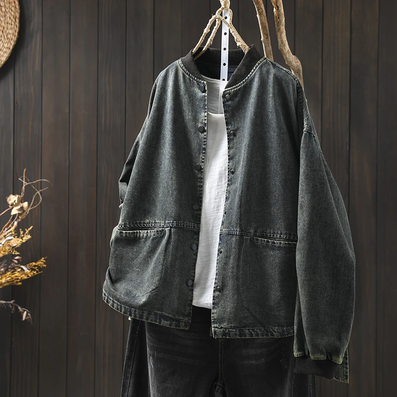 2025秋季新款复古个性立领牛仔短外套女士小个子宽松休闲大码夹克
