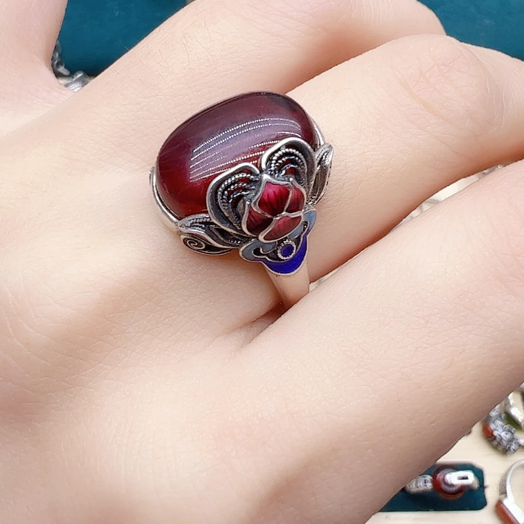血珀戒指银S925镶嵌天然