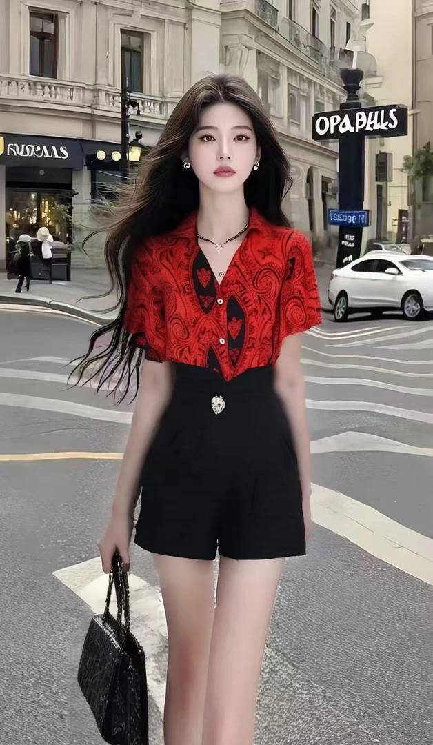 夏季轻熟风气质穿搭红色不规则V领短袖上衣+黑色设计感短裤女套装