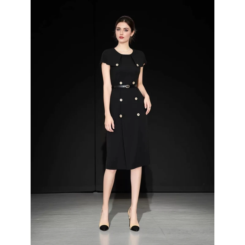 2025法式气质职场斗篷短袖收腰修身轻奢女神范连衣裙子
