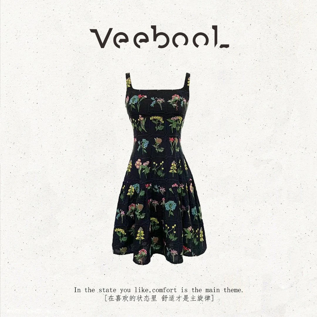 薇宝儿 Veebool【雾中花影】夏季法式复古刺绣碎花显瘦吊带连衣裙子