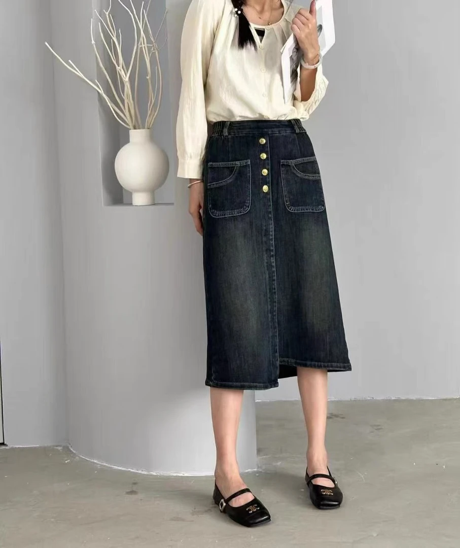 薇莎6315【现货】小个子显瘦松紧腰排扣下摆不规则牛仔半裙