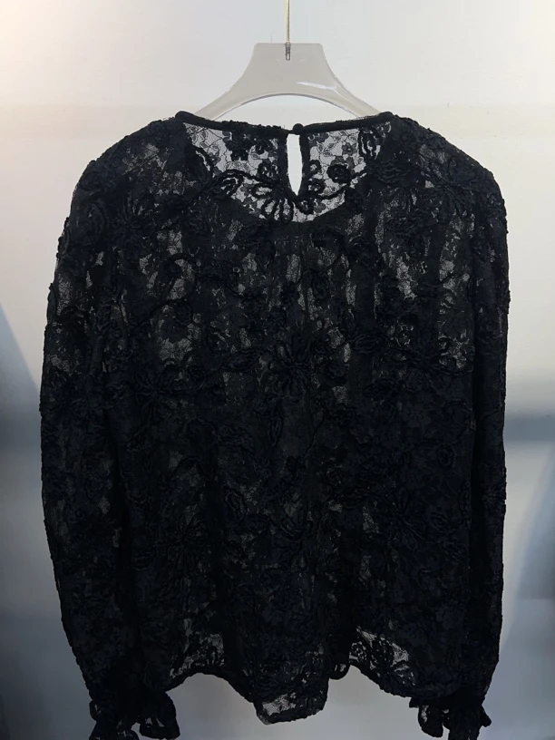 卡莎欧洲站高货设计感花印微透长袖小衫时尚镂空钩花蕾丝上衣