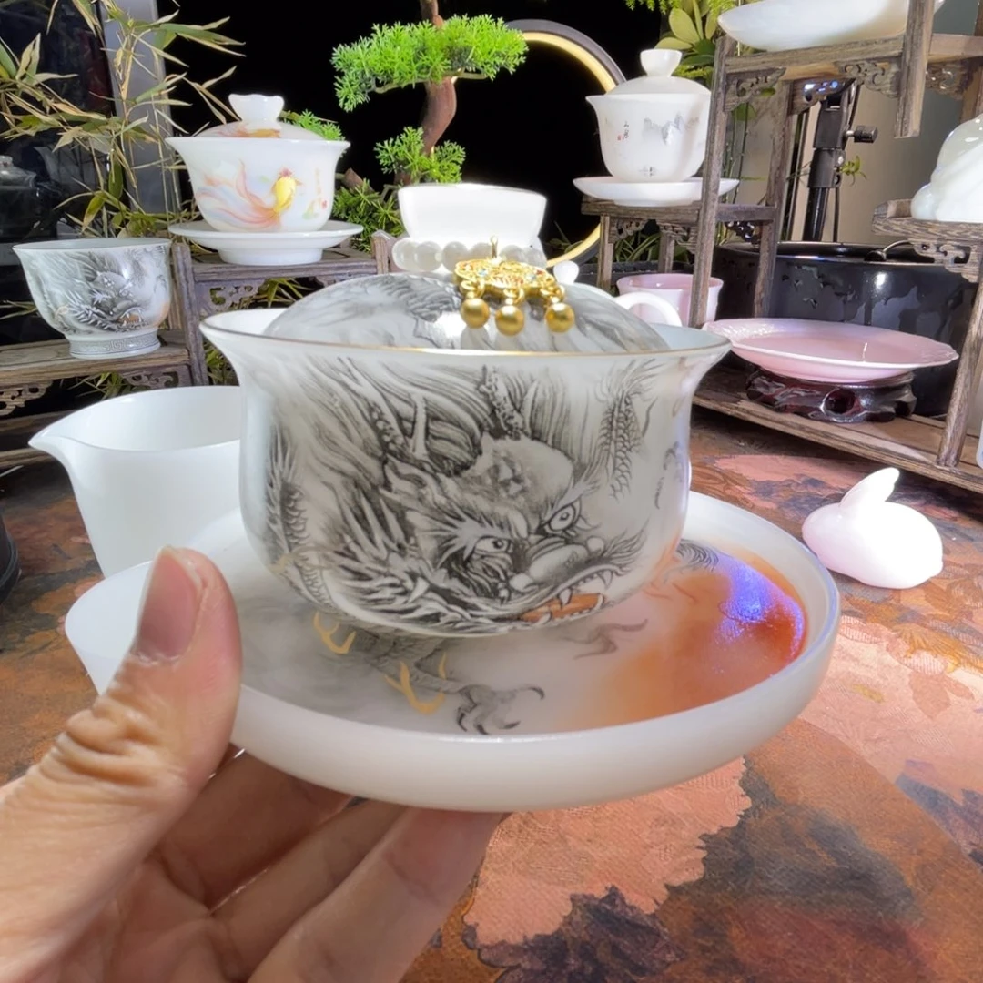 冰晶璞玉鎏金墨龙布袋➕壶承