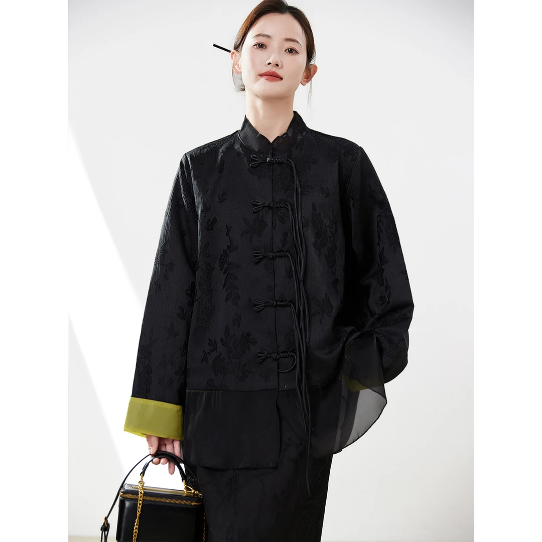 黑色拼接提花国风衬衫女春秋装2024新款欧货宽松中长款新中式上衣