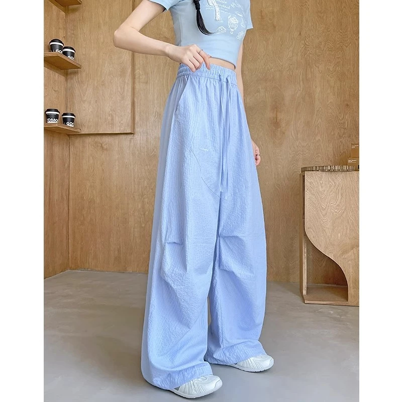 蓝色条纹冰丝阔腿裤女夏薄款2025新款高腰宽松显瘦慵懒褶皱运动裤