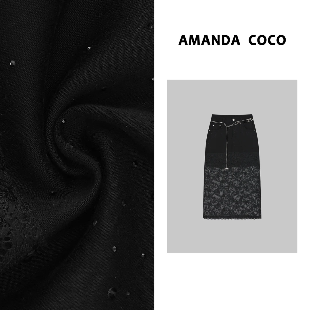 辰辰 | 设计师款~高定烫钻蕾丝拼接牛仔裙