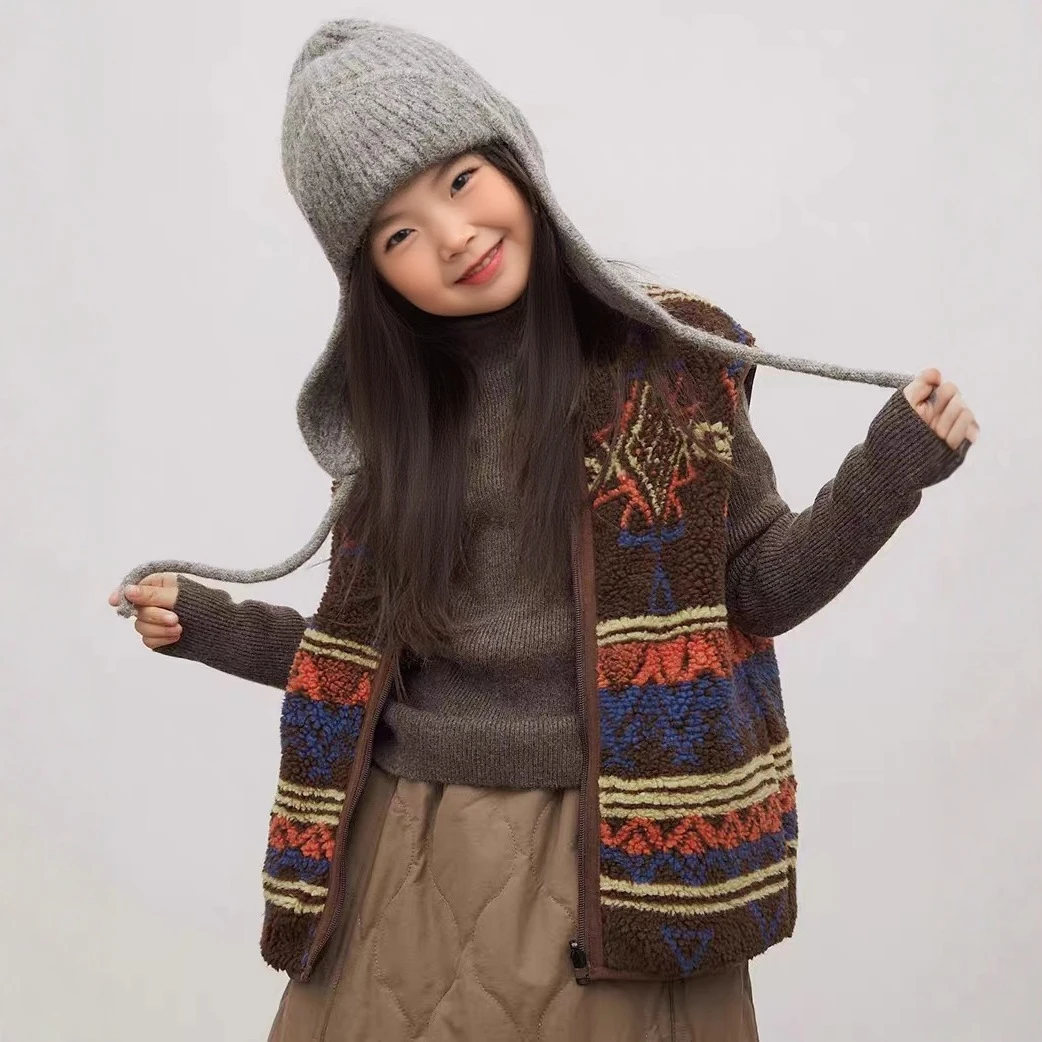 儿童羊羔绒马甲2025冬季韩版民族风日系洋气女童亲子背心