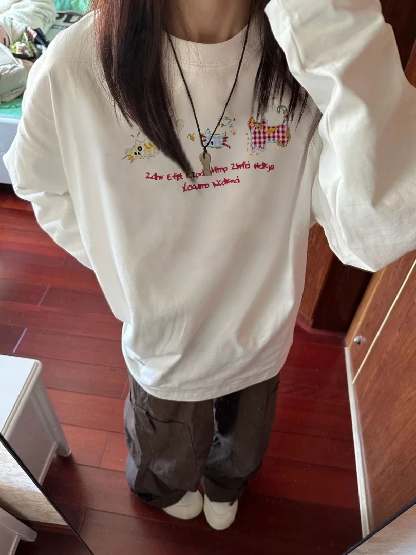 纯棉白色百搭t恤女印花ins设计感小众宽松内搭t恤卫衣女ins风学生