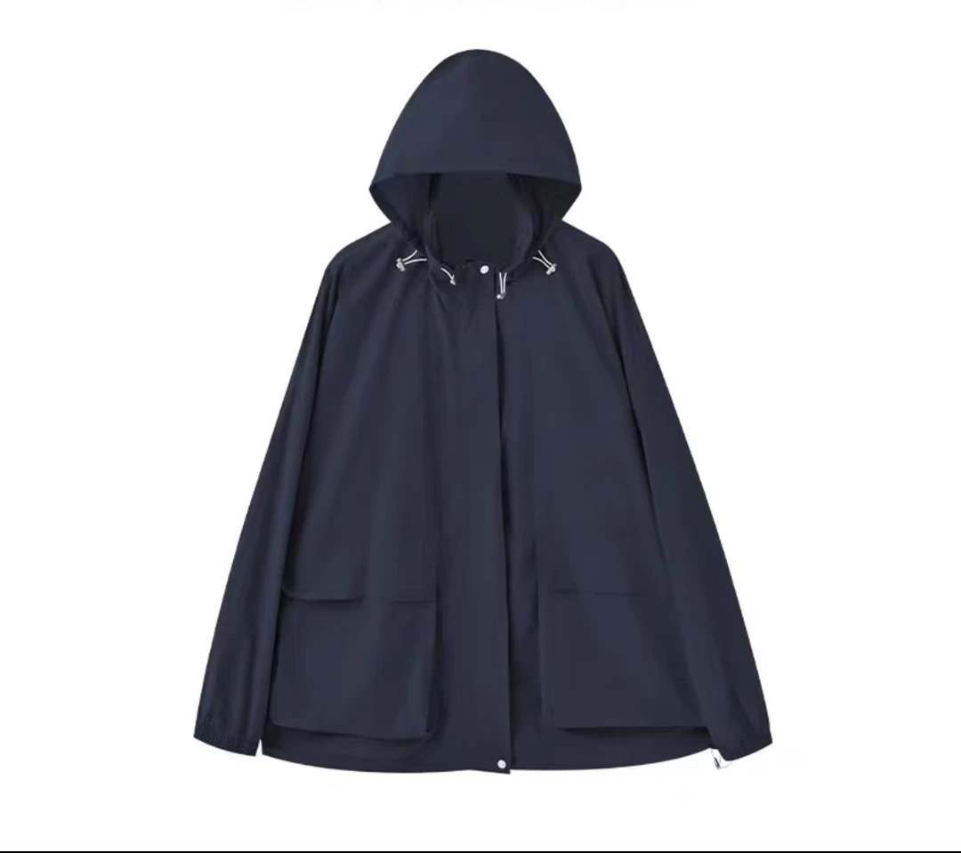 8087日系户外轻薄连帽夹克女装休闲百搭慵懒风蓝色连帽防嗮冲锋衣