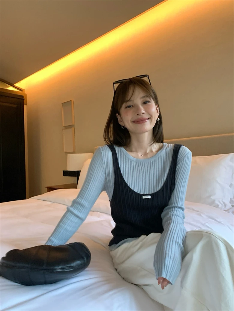 2025韩版早秋潮流新款针织长袖打底拼接撞色背心假两件修身上衣