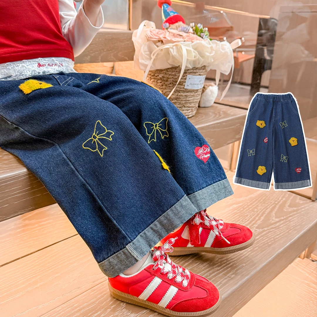 女童绣花阔腿牛仔裤洋气儿童春秋季新款女宝宝休闲裤子小女孩时髦