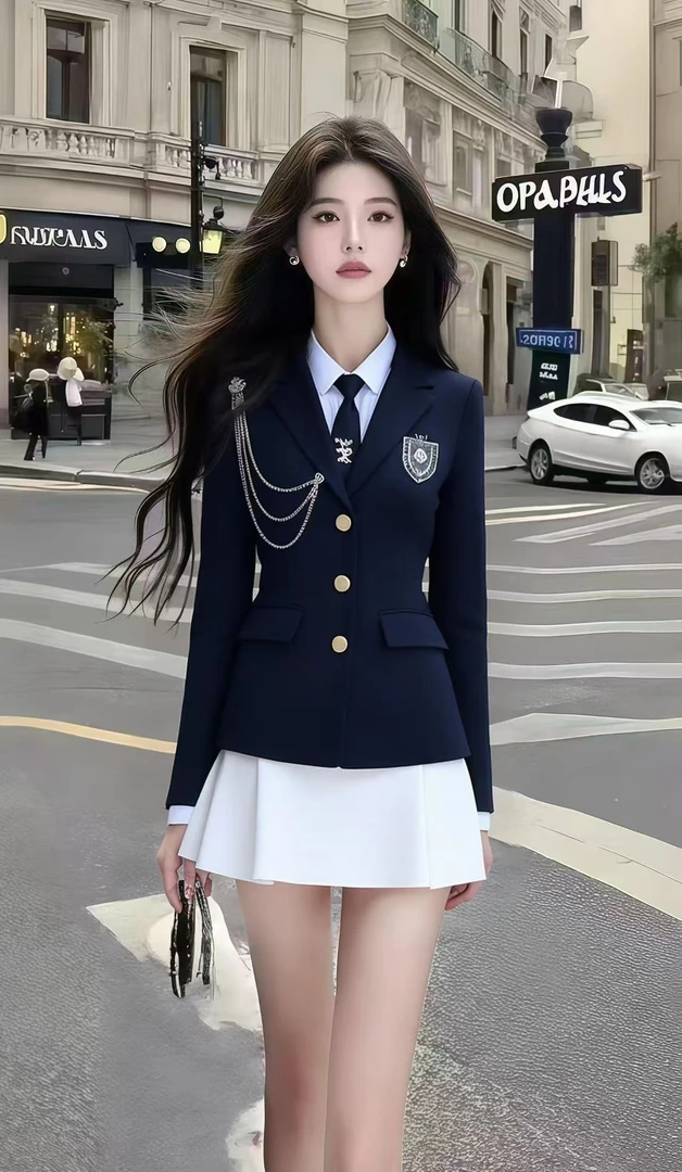 秋季休闲日常学院风穿搭翻领长袖修身单排扣外套+白色百搭半身裙