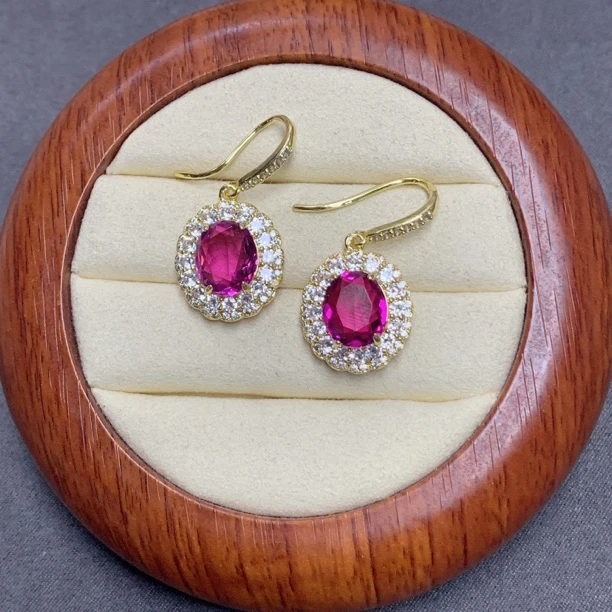 铜合金耳饰 港风时尚玫红色 气质欧美风格轻奢耳钩0715百搭耳环