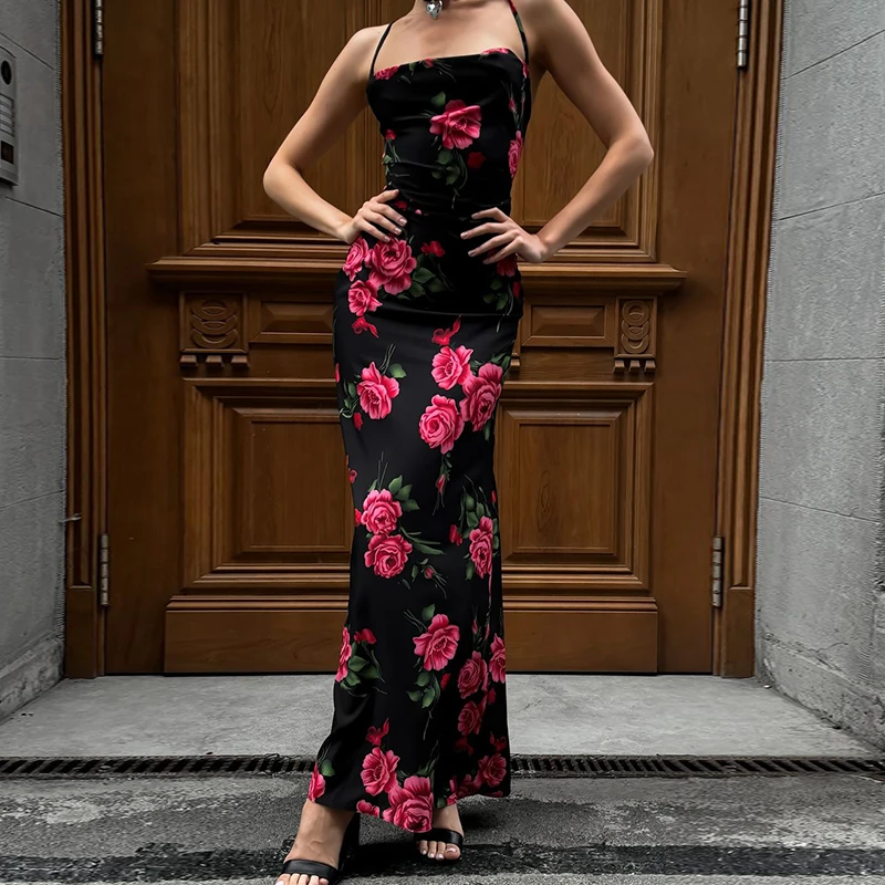 KaDaiShan【退运补贴】法式碎花印花吊带连衣裙度假风绑带露背长裙