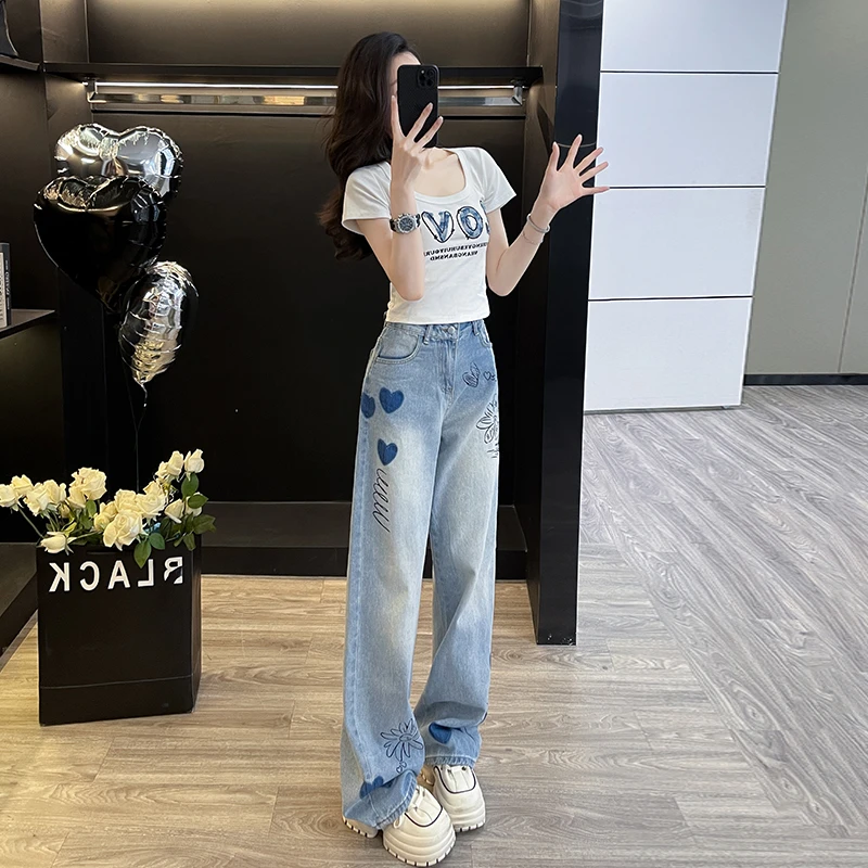 休闲运动套装女夏季显瘦韩版撞色白色修身短袖短款T恤阔腿牛仔裤