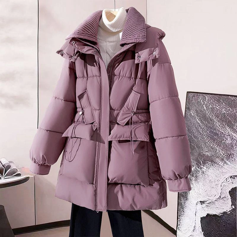 休闲百搭新款针织翻领冬季棉服外套中长款收腰大码显瘦棉服棉袄女