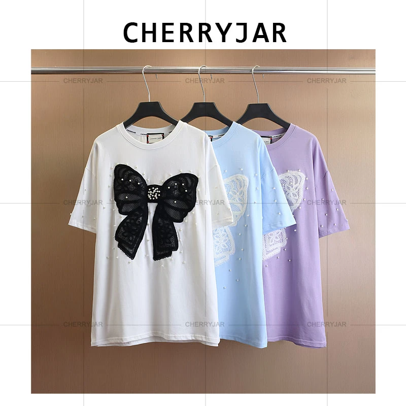 Cherryjar【25108】时尚夏季宽松蝴蝶结贴布刺绣烫钻重工短袖春夏