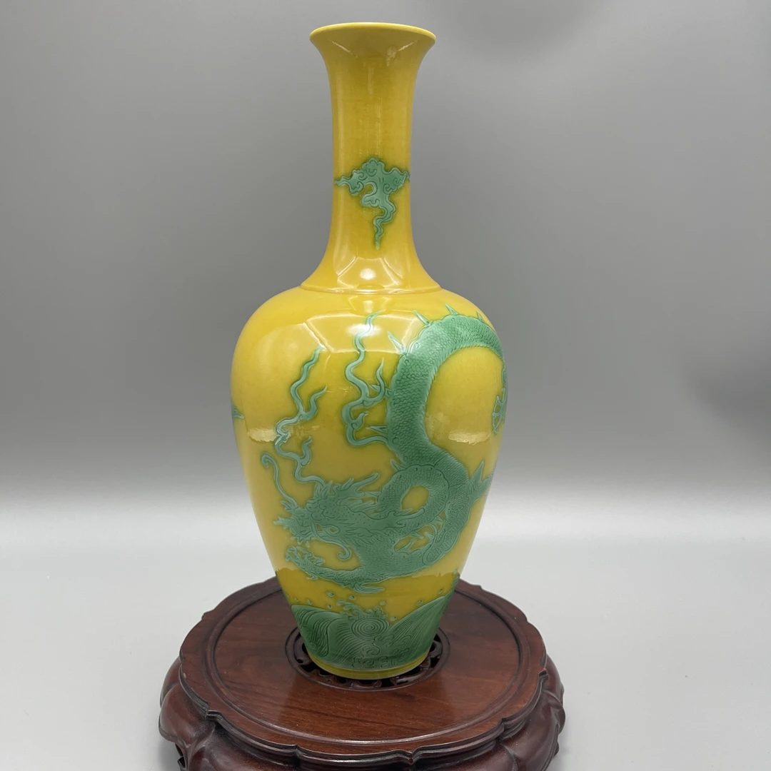 黄地绿彩海水龙纹莱菔瓶H8525