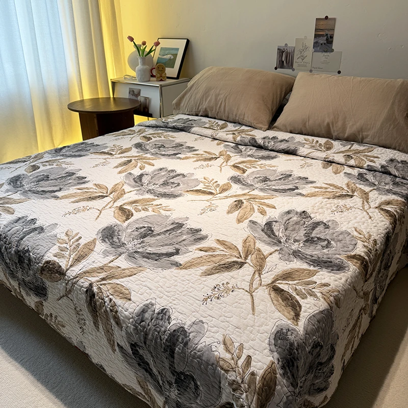 复古水墨大花床盖绗缝设计双人床垫被四季适用榻榻米双面简约